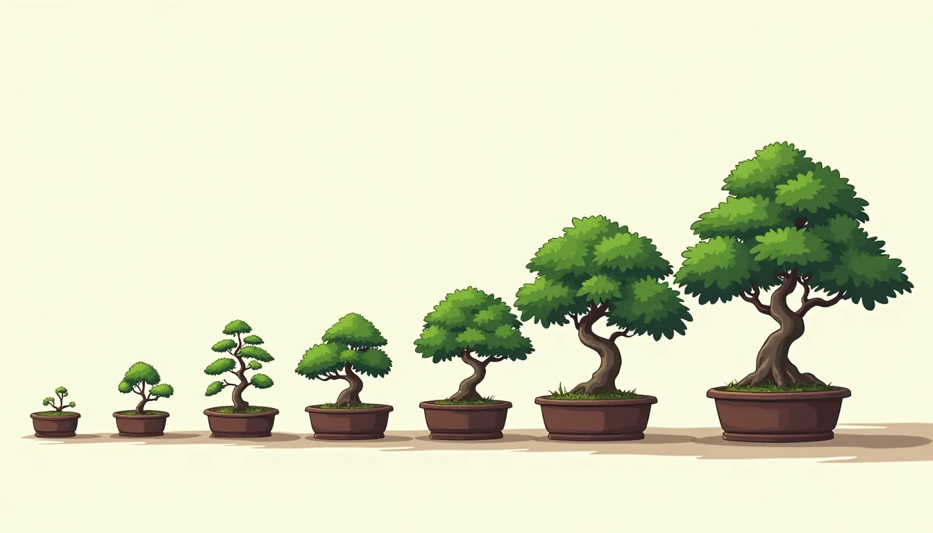 illustration, showing the evolution of a bonsai tree