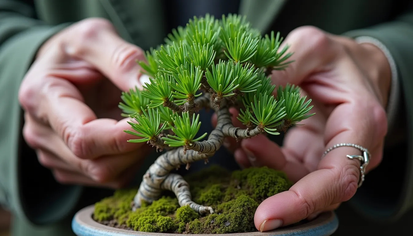 hands taking care of a bonsai tree